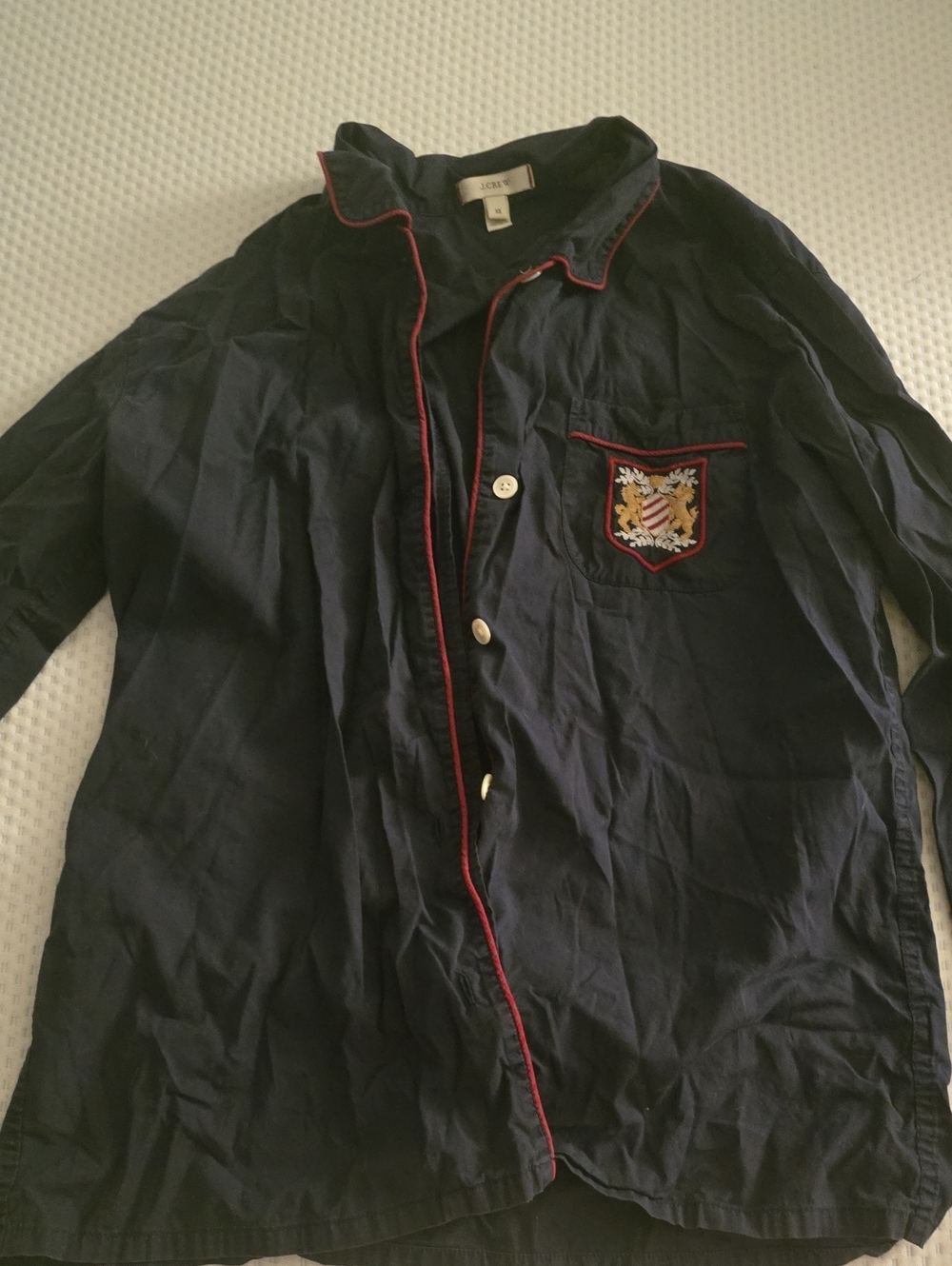 Classic Navy Button-Down PJ Shirt with Crest Detail